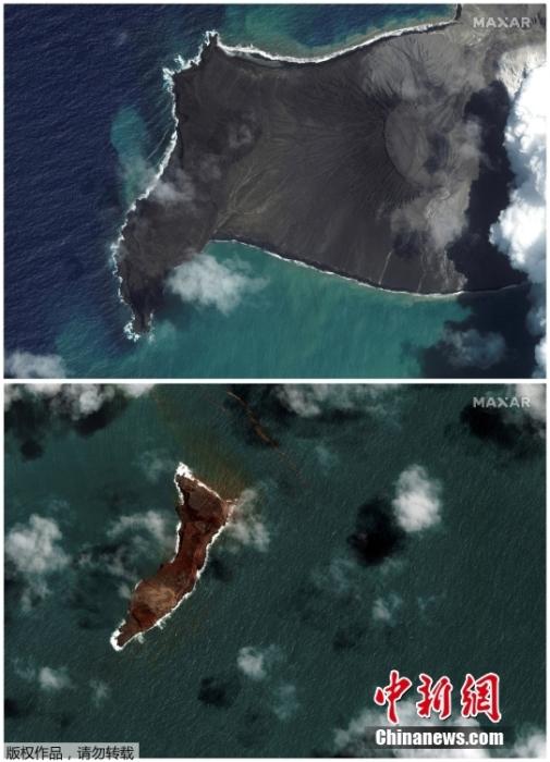 1月17日，根据路透社发布的卫星图显示，火山喷发后洪阿哈阿帕伊岛几乎已消失，城镇被厚厚的火山灰覆盖。图片为火山爆发前后的卫星对比图。