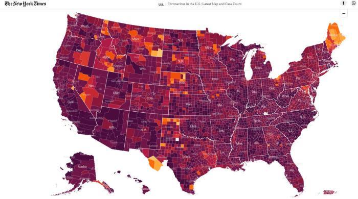 美国新冠疫情地图显示，目前美国每天每10万人中，感染新冠人数在100人以上的占多数地区。(图片来源：美国《纽约时报》报道截图。)