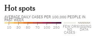 美国新冠疫情图示颜色分级，以每10万人中有多少人感染新冠为统计标准。图片来源：美国《纽约时报》报道截图。