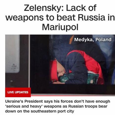 美国有线电视新闻网(CNN)报道，泽连斯基称乌军对抗俄军的重型武器不足。图片来源：CNN报道截图。