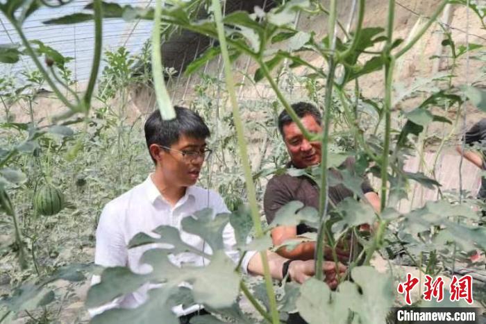 代东援与农户了解西瓜种植情况。赵兴宽 摄 article_img