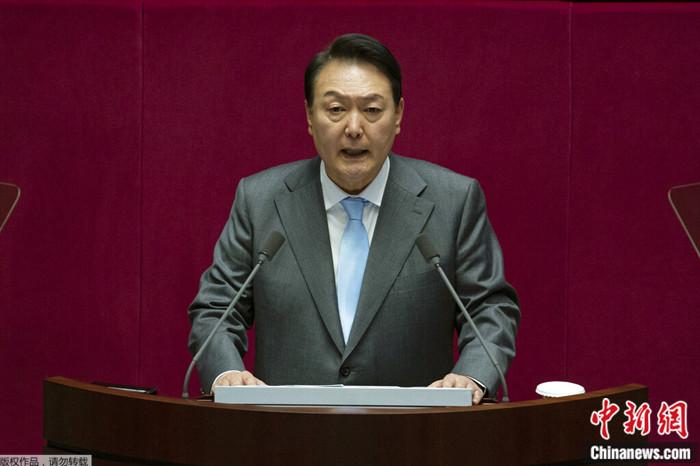2022年5月16日，韩国总统尹锡悦在国民议会上就政府的补充预算案发表讲话。