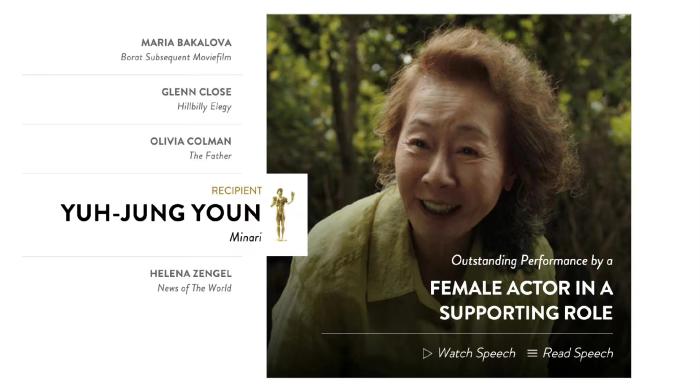 尹汝贞凭借电影《米纳里》获得第27届美国演员工会奖最佳女配角。