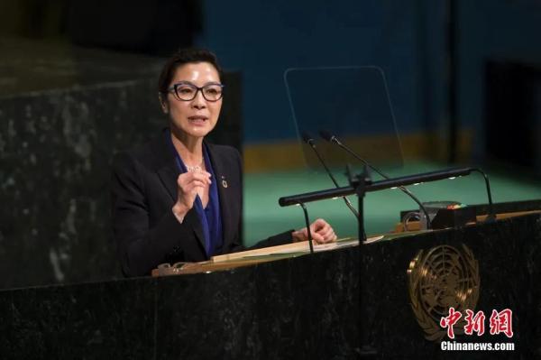 资料图:杨紫琼在纽约联合国总部举行的和平建设与持久和平高级别会议上发言。<a target='_blank' href='http://www.chinanews.com/'>中新社</a>记者 廖攀 摄 article_img