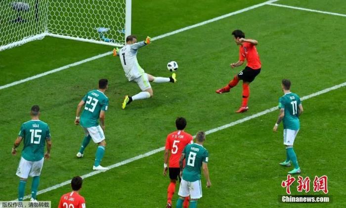 俄罗斯世界杯上，韩国队金英权攻破德国队大门。