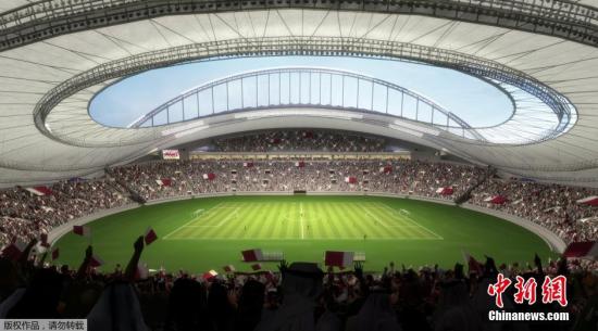 这张于11月24日从卡塔尔2022年世界杯最高委员会(赛事组织方)获得的电脑绘制效果图展示了翻新后的卡塔尔世界杯赛场之一——哈利法国际体育场。