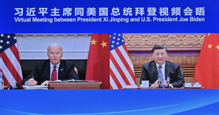 2021年11月16日上午,国家主席习近平在北京同美国总统拜登举行视频会晤。新华社记者 岳月伟 摄 article_img