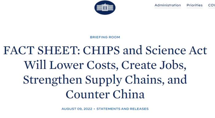 在美国白宫发布的事实清单中，直接点明《芯片和科学法案》要“对抗中国”。图片来源：白宫官网截图